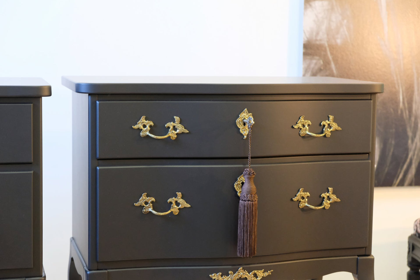 (649-2) Rococo Style Chest with 2 Drawers and Modern Flat Black Finish - Pair