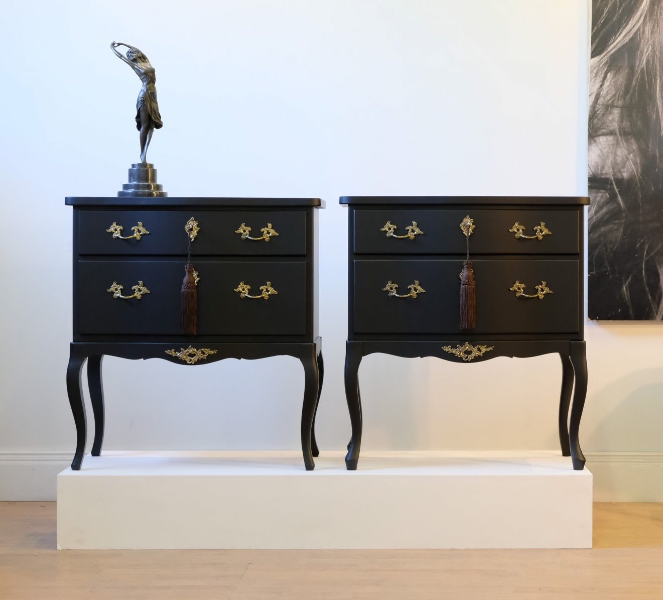 (649-2) Rococo Style Chest with 2 Drawers and Modern Flat Black Finish - Pair