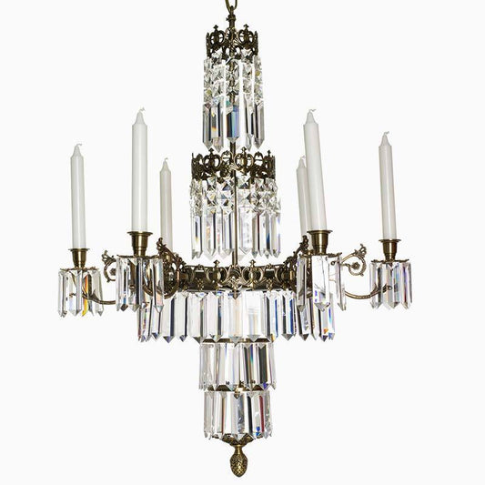 Swedish Chandelier - Dark Brass 6 Arm Chandelier With Full Cut X Prisms - 76cm Height