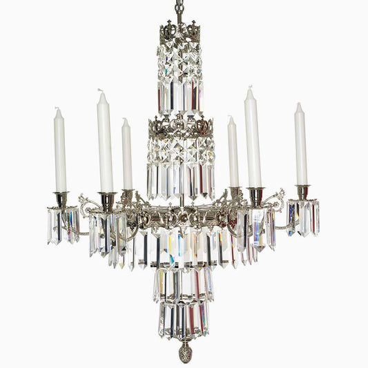 Swedish Chandelier - Nickel 6 Arm Chandelier With Full Cut X Prisms