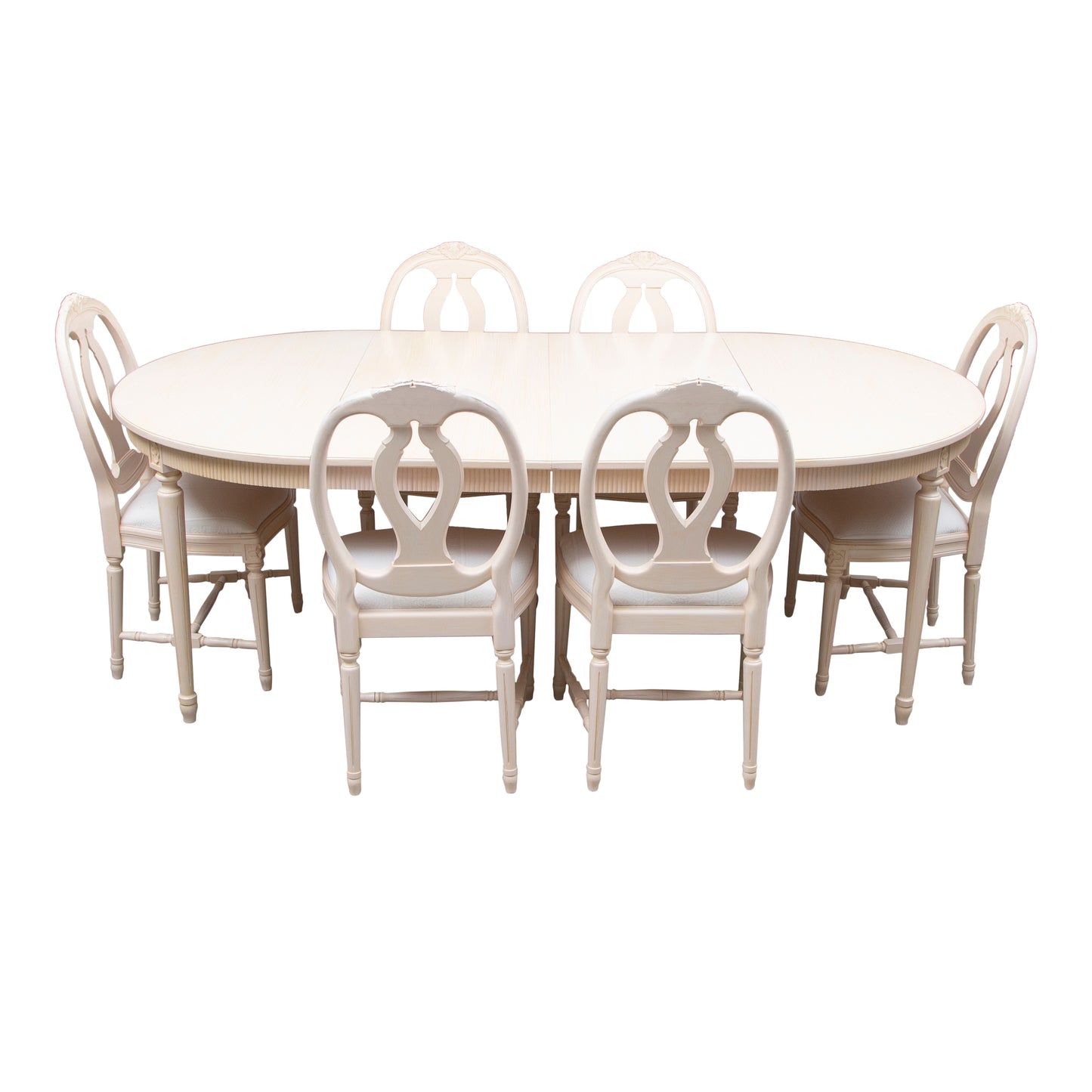 1990s Gustavian Dining Furniture- Set of 6 chairs plus table and leaves